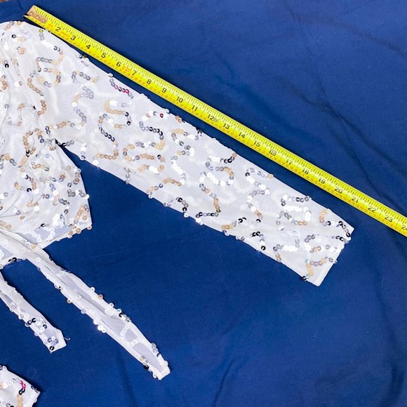 90s Y2k Women's Sequin Luxury Shrug Cejon Tie Front Mesh Crop Top - Picture 7 of 12